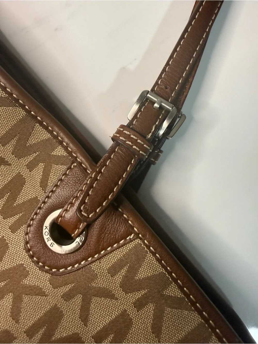 Michael Kors Tan Beige MK Signature Tote with Brown Trim